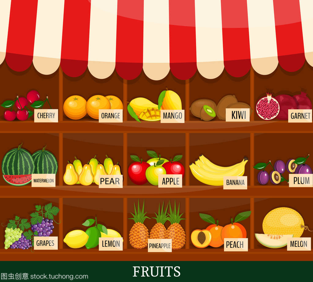 当地的水果摊。新鲜的有机食品产品店的木箱子里。食品市场商店。在平面样式矢量